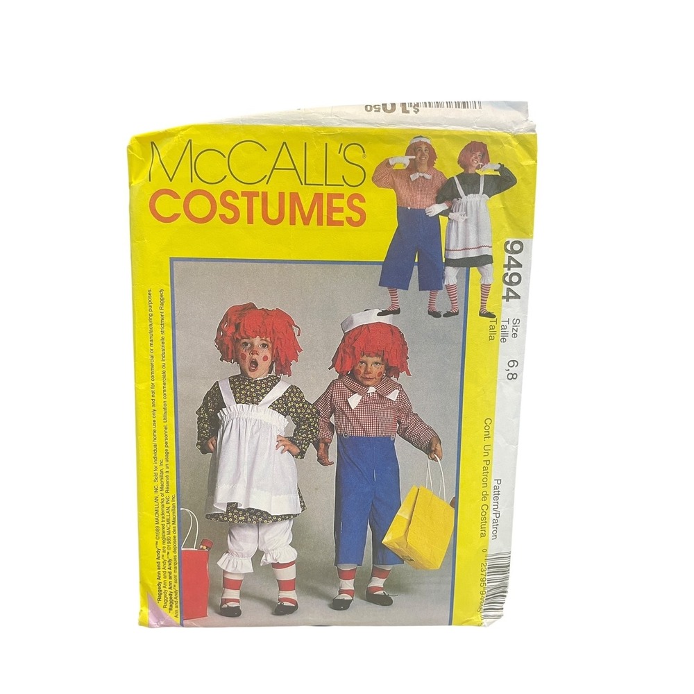 McCalls Sewing Pattern 9494 Child 6-8 Multicolor Raggedy Ann Andy Costume 1986